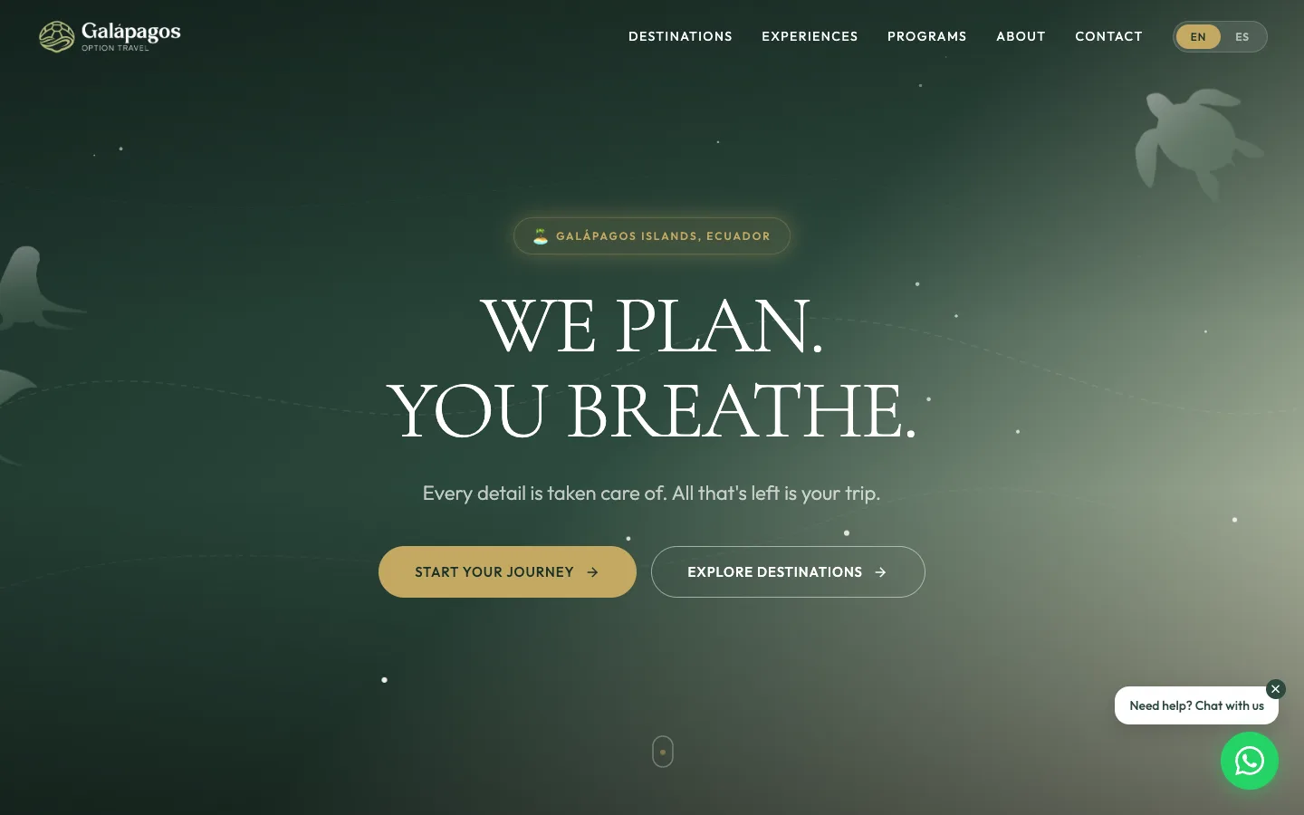 Homepage of the Galápagos Option Travel website